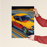 Dripster Mustang GT wall poster featuring a yellow and black vintage car with dynamic orange and gray background